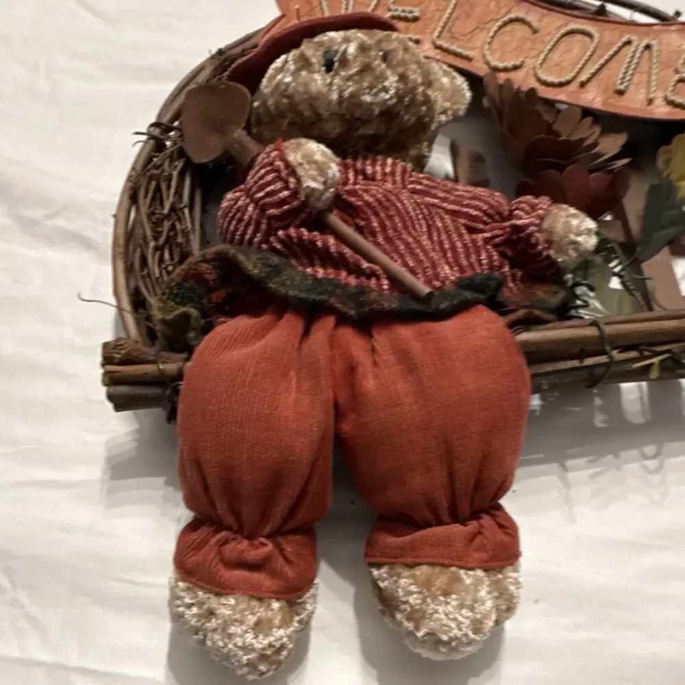 Plush Teddy Bear Artificial Flower Rustic Wood Vine Door Wreath Decoration 15x13